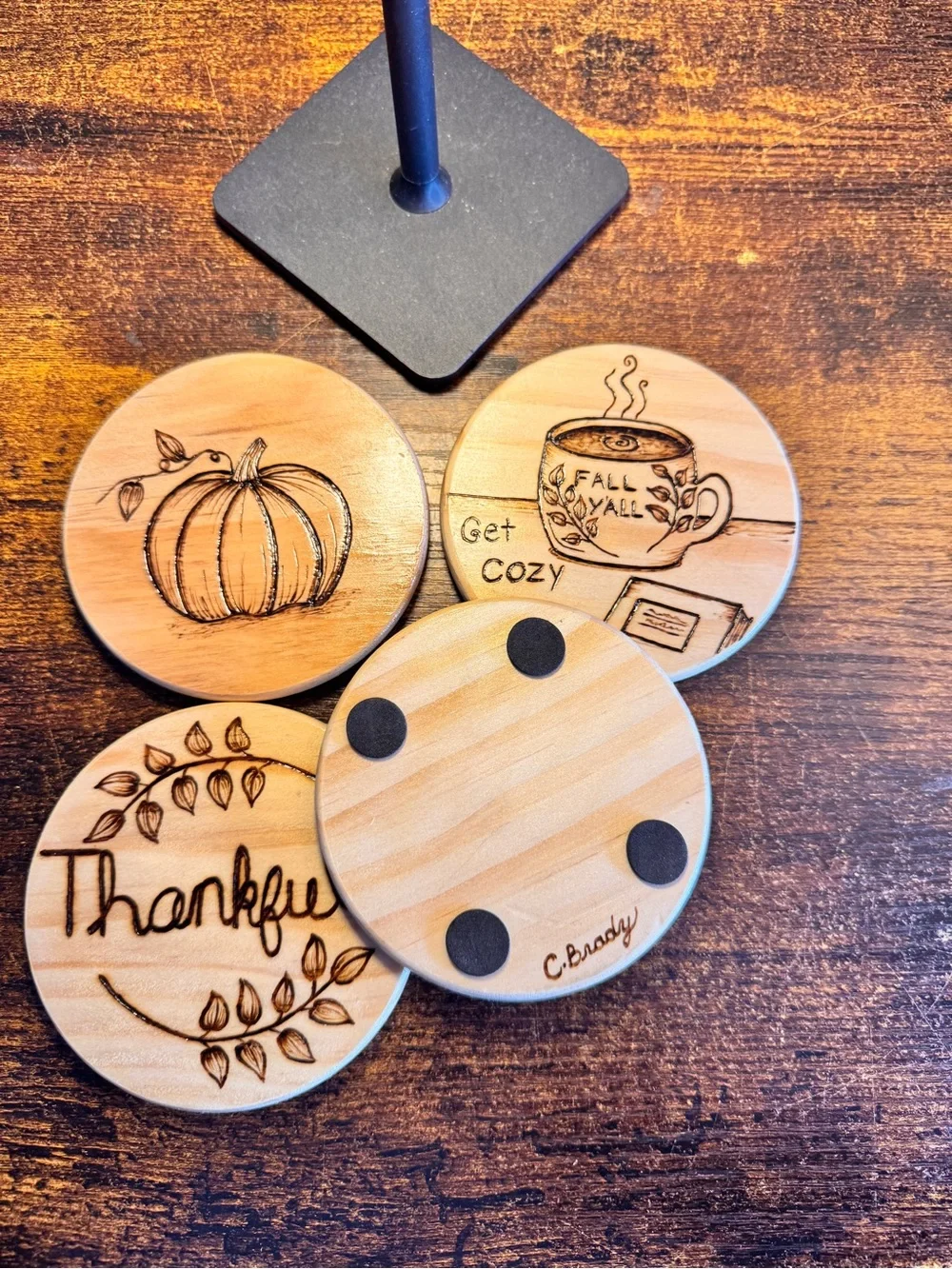Fall Set- 4 handmade wood-burned coasters.